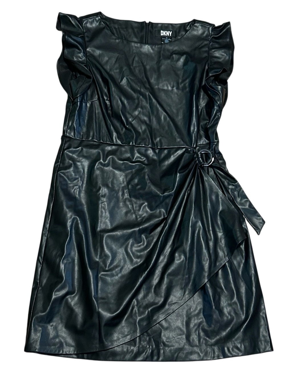New DNKY Black Faux Leather Wrap Style Dress Size 14 Ruffle Sleeve